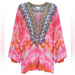 Camilla Printed Silk Hand-Beaded Lace-Up Blouse